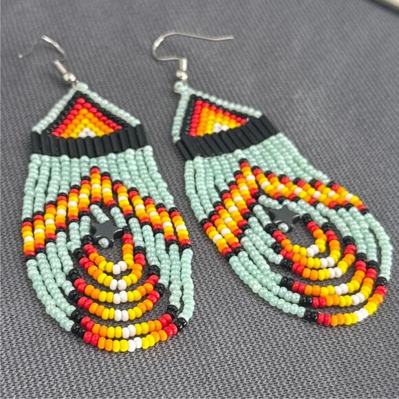 Tribal Earrings Seed Bead Handmade Multicolor Native American Boho Dangle 3” USA - Picture 2 of 16